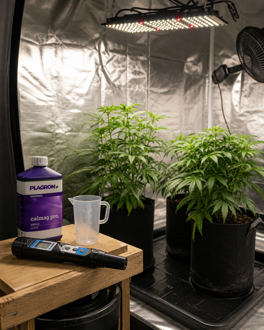 Growzelt mit Pflanzen sowie Mess- und Pflegezubehör
