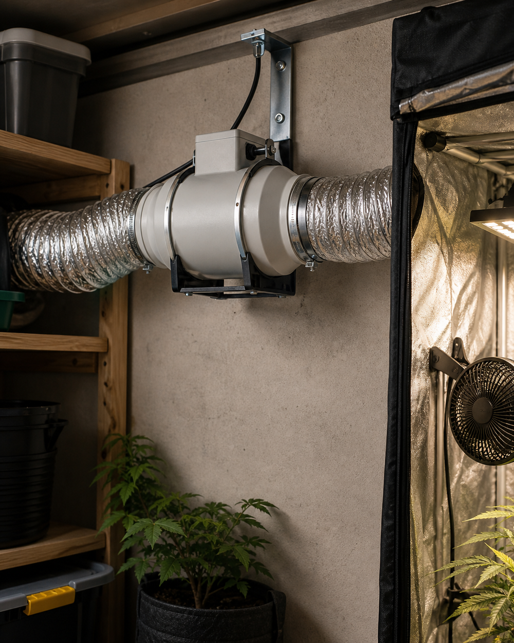Inline-Ventilator in praktischem Indoor Setup mit Lüftung